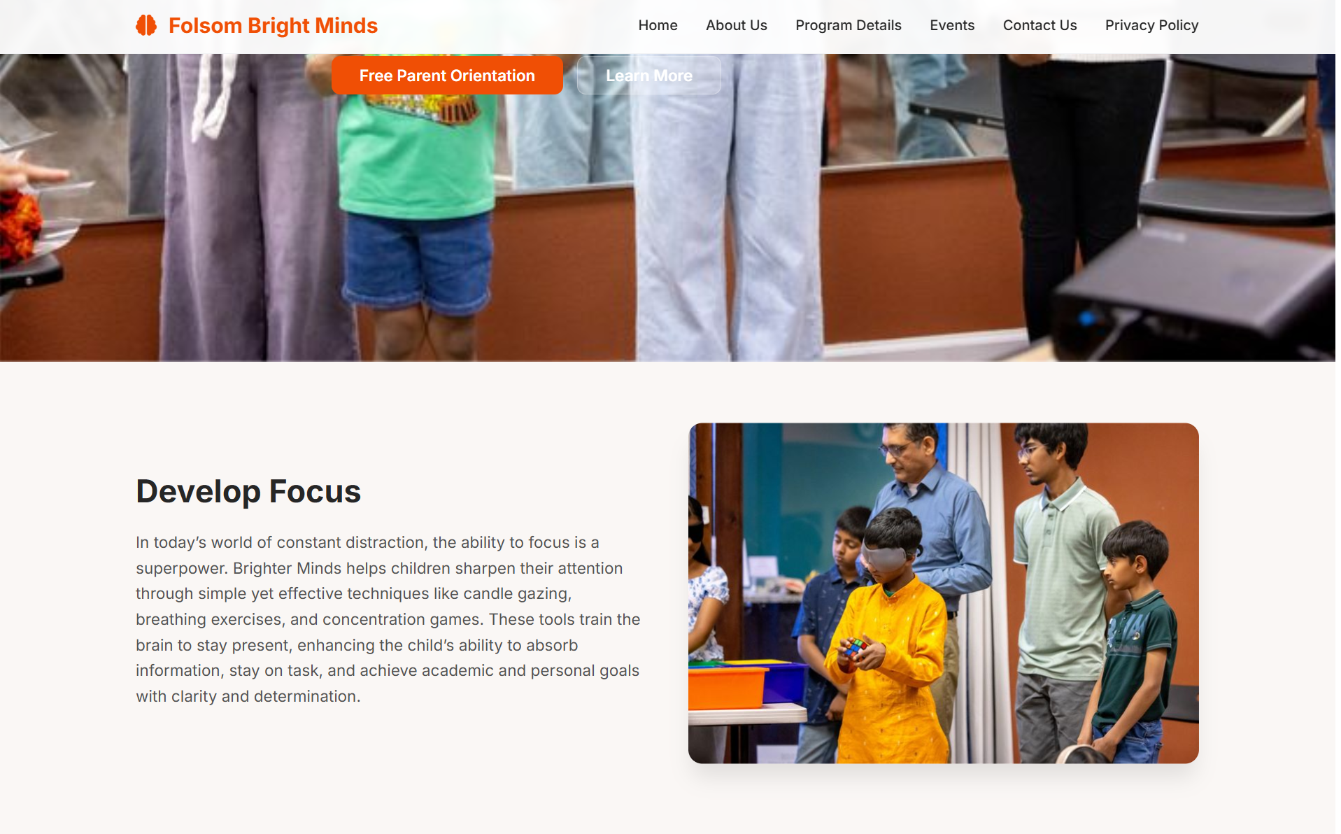 Screenshot of the Folsom Bright Minds website