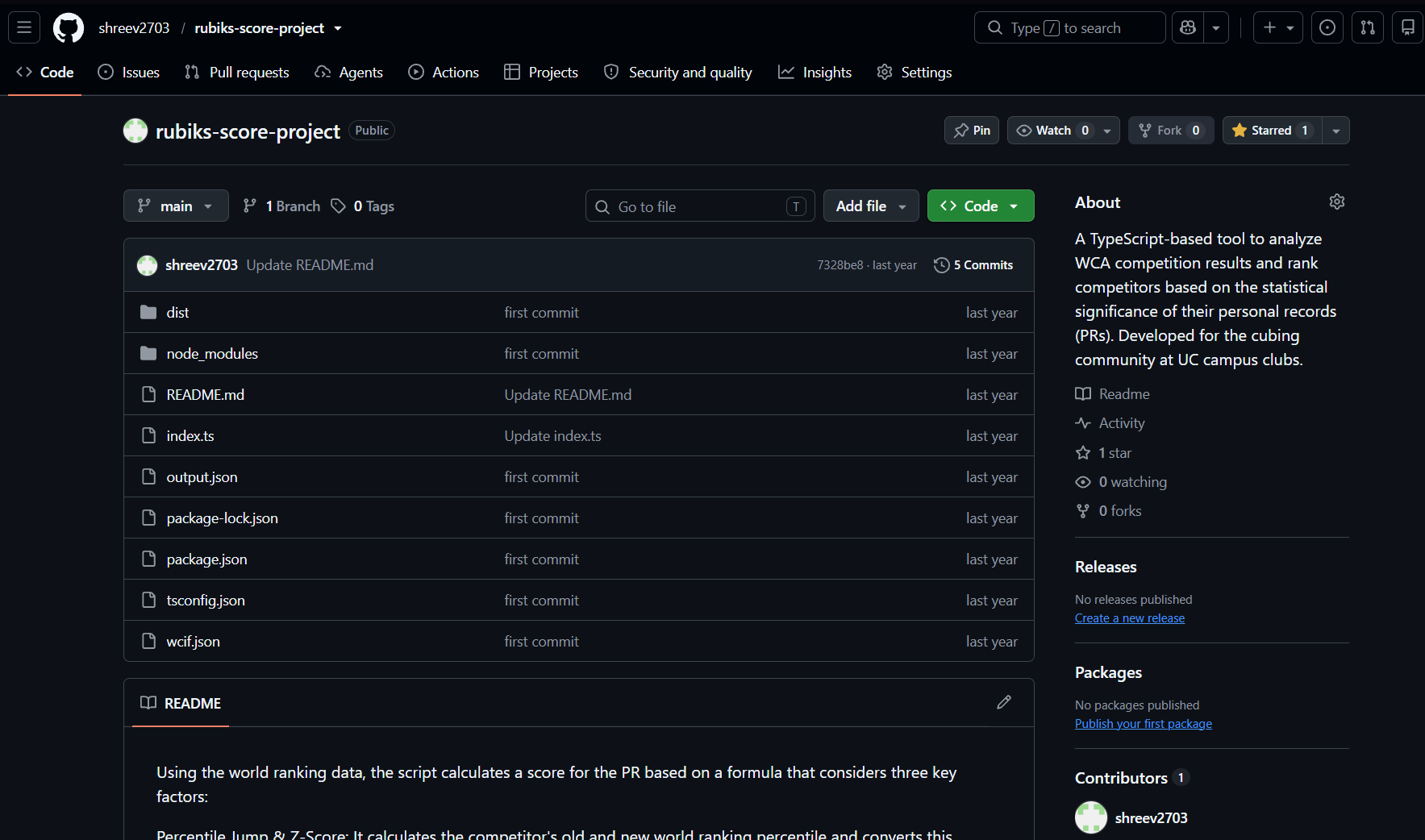 Screenshot of the Rubik's Cube PR scoring project repository